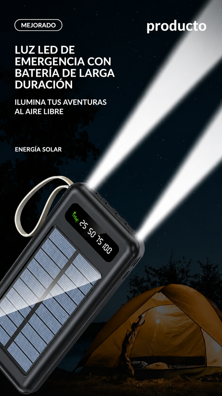 CARGA TU CELULAR DONDE QUIERAS  POWER BANK SOLAR 3 EN 1 DE 20.000 mAh